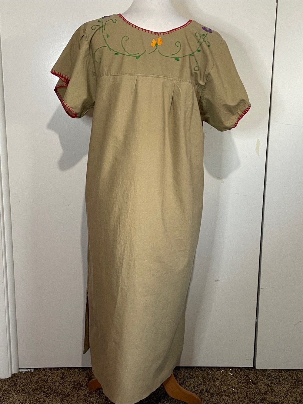 Vintage Hand Embroidered Khaki Mexican Puebla Maxi Dress - Picture 9 of 12